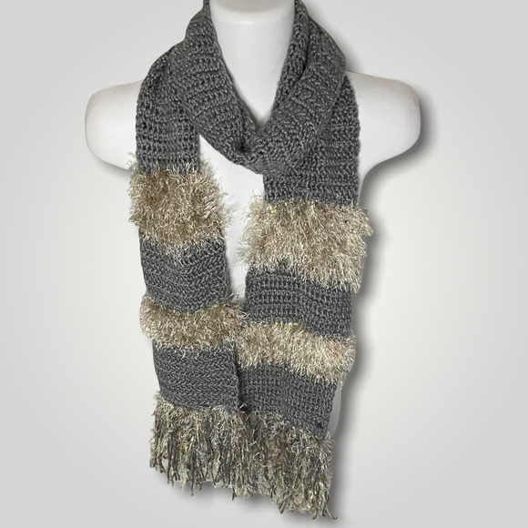 Handmade Accessories - Handmade Women's Gray, Metallic Gold & Metallic Rose Gold Scarf with Fringe